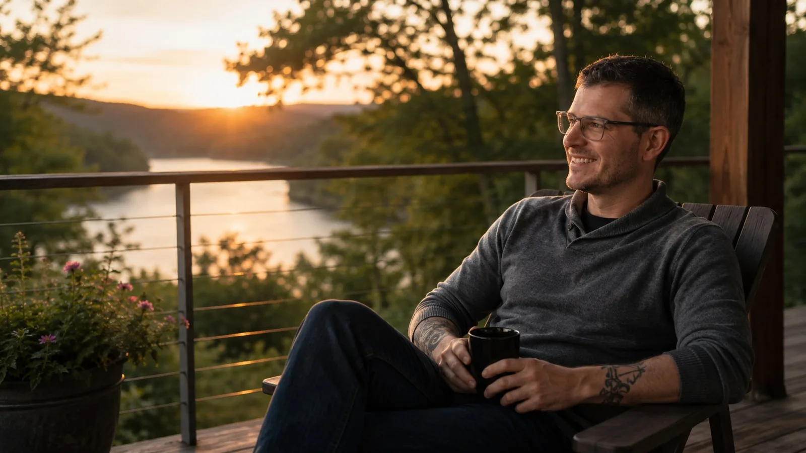 Dr. Jared M. Seavey, DNP, nurse practitioner, smiling on a wooden deck at sunset with a lake and wooded hills behind him