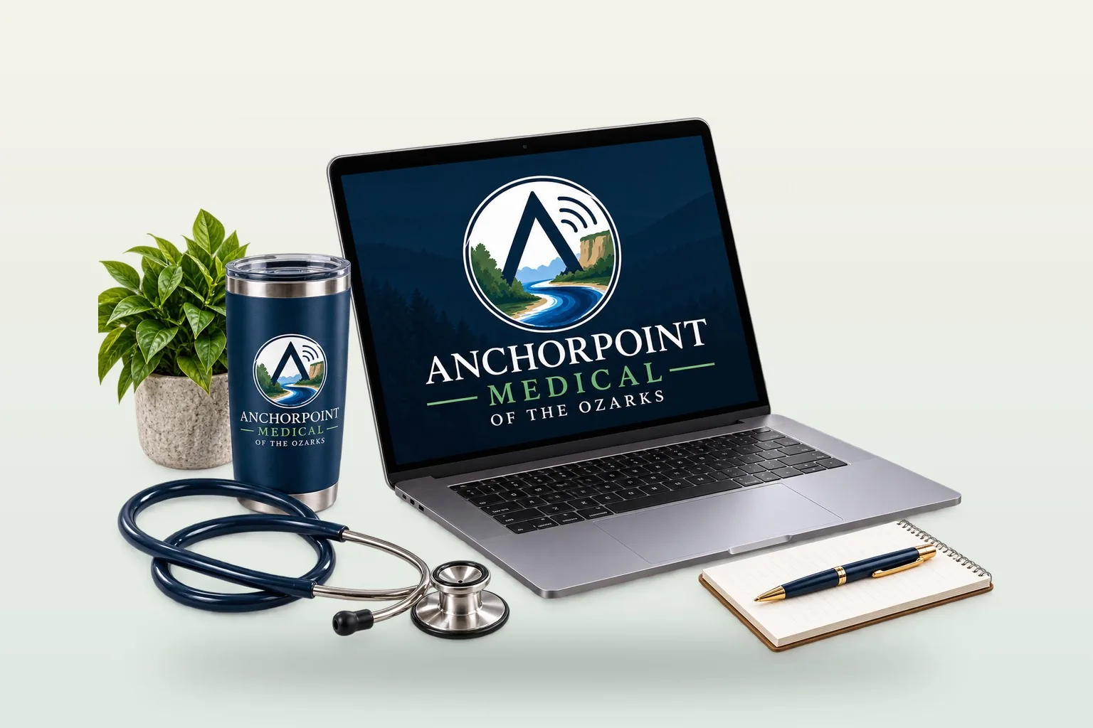 Laptop showing the AnchorPoint Medical of the Ozarks logo, with a branded tumbler, a plant, a stethoscope and a notepad