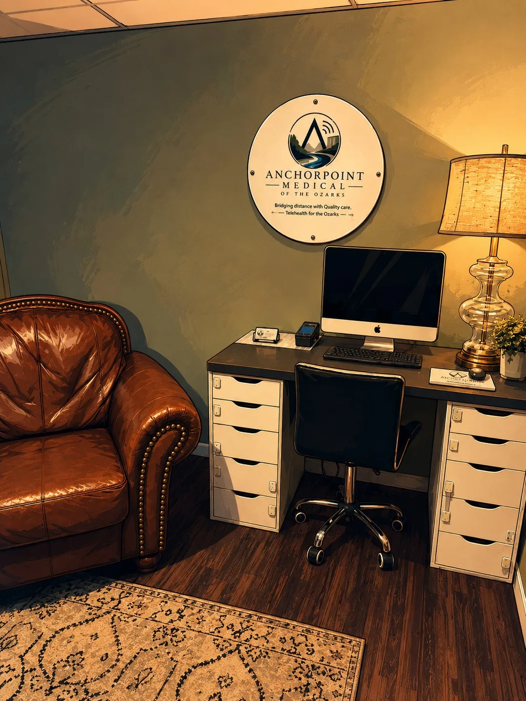 The AnchorPoint Medical virtual office: a desk with a computer and lamp, a leather armchair, and the AnchorPoint sign on the wall